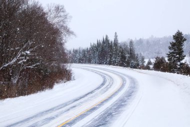 Yoğun kar altında ağaçlarla çevrili kıvrımlı bir yol.