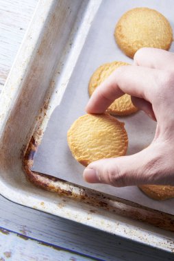Bir elinle bir tabak taze pişmiş kurabiye al.