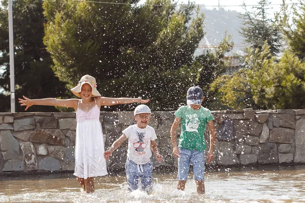 Irmãos Bonitos Irmã Jogando Fonte — Fotografia de Stock