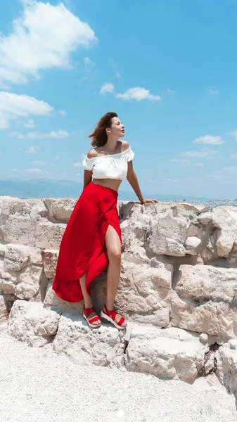 Young Attractive Woman Red Dress Stone Wall — Stock Fotó