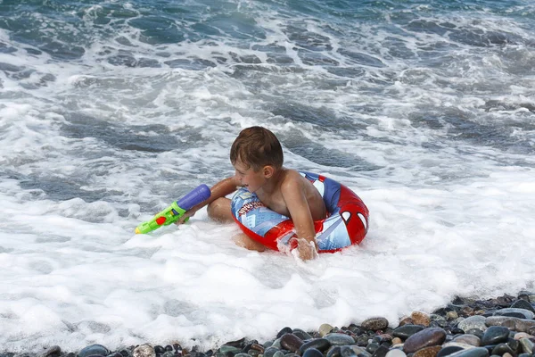 Boy Inflatable Ring Sea — Foto Stock