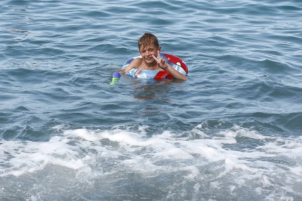 Boy Inflatable Ring Sea — Foto Stock