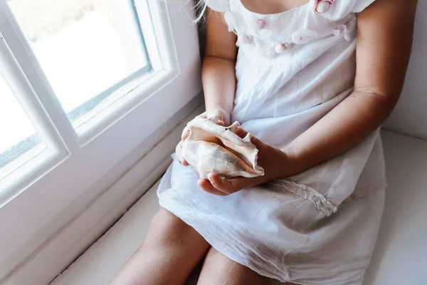 Young Beautiful Woman White Dress Room — Stock Photo, Image