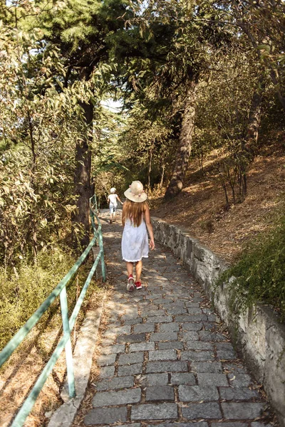 Vista Trasera Los Niños Caminando Por Sendero Parque — Foto de Stock