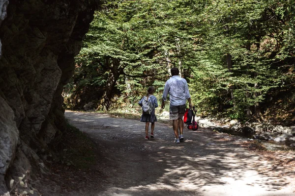 Vista Posterior Del Padre Hija Caminando Por Camino Bosque — Foto de Stock