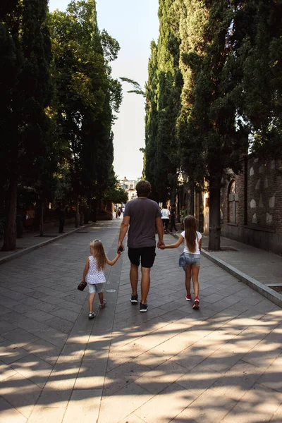 Vista Trasera Del Padre Con Hijas Caminando Parque — Foto de Stock