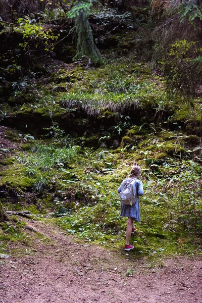 Little girl walking in the woods