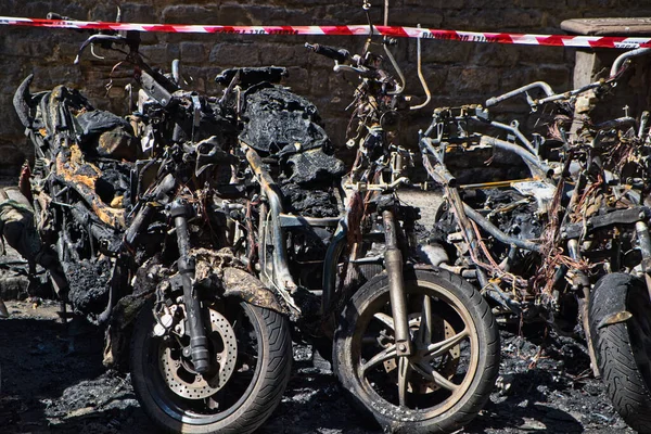 Close-Up Of Motorcycles Destroyed By Fire, vandalism