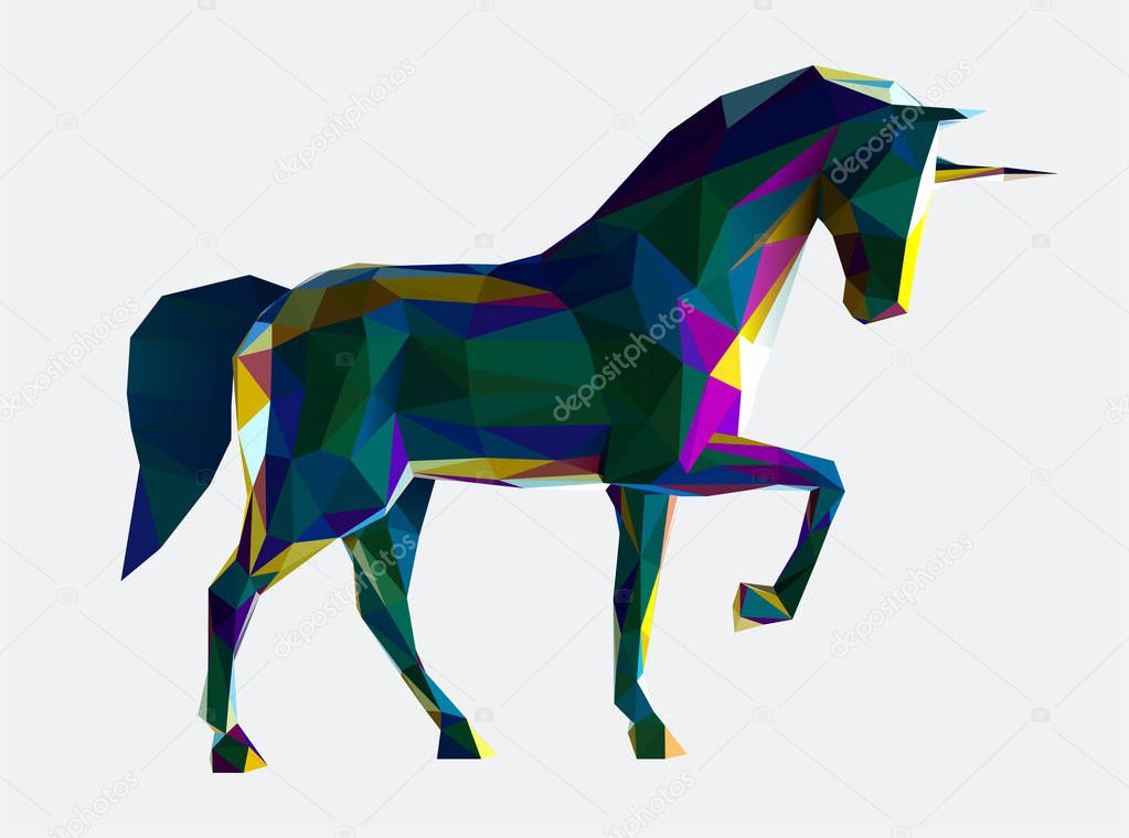 Low poly vector unicorn illustration. Horse illustration made by polygonal shapes and dark iridescent colors.