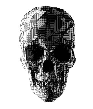 Vektör kafatası çizimi. Tahta biçimli geometrik tasarım. Düşük polimerli 3D çizgi sanatı. Farklı dokular, noktalar, çizgiler, yarım ton.