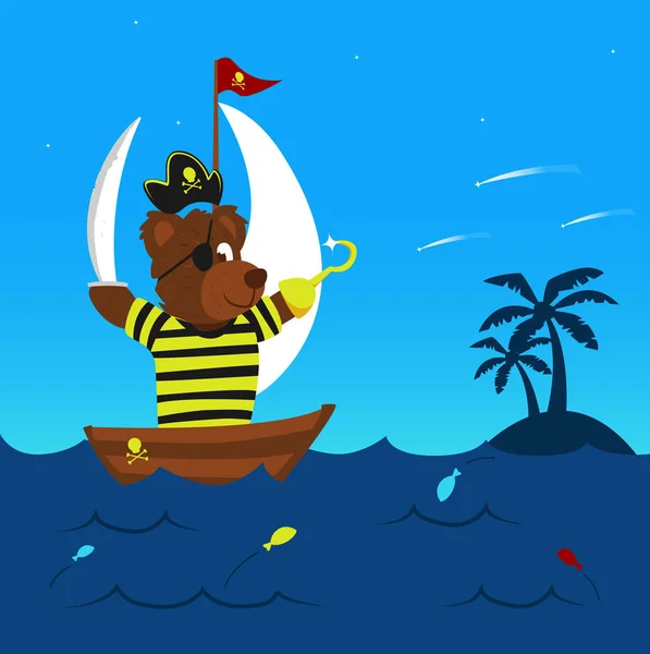 Αστεία πειρατής αρκούδα στο σκάφος του ιστιοπλοΐα στη θάλασσα φθάνοντας στη γη για περιπέτεια με κάποια πολύχρωμα ψάρια άλμα — Διανυσματικό Αρχείο
