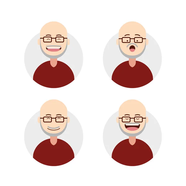 Platte kale oude man man met grijze baard en snor uitdrukking avatar set — Stockvector