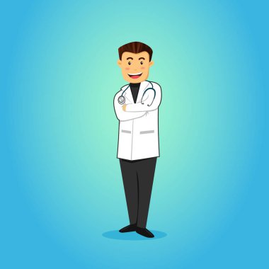 Steteskopla gülümseyen doktor, kollarını kavuşturup, basit bir çizgi film çizimi çiziyor.