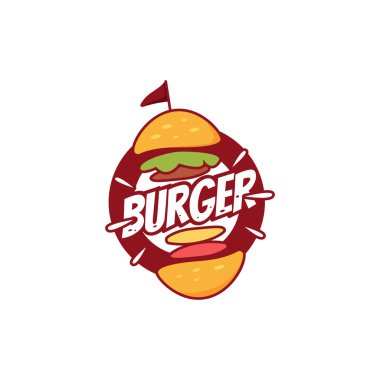 Hamburger logosu. Lezzetli, mutlu, sandviçli, restoran burgeri simgesi.