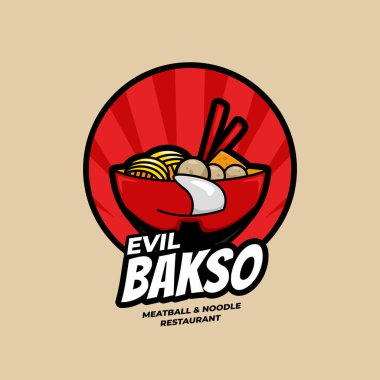 Evil Ramen Bakso Meatball and Noodle Restaurant bowl with face logo symbol icon illustration clipart