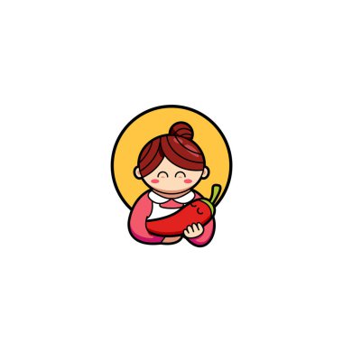 Anne biberli aşık logosu, sevimli anne maskotu karakteri bebek bakıcısı olarak baharatlı kırmızı biber taşıyor.
