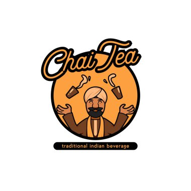 Geleneksel Hint içeceği, chai tea logo ikonu ve Hintli türban maskotu karakteri. Çizgi film tarzına hoş geldin.