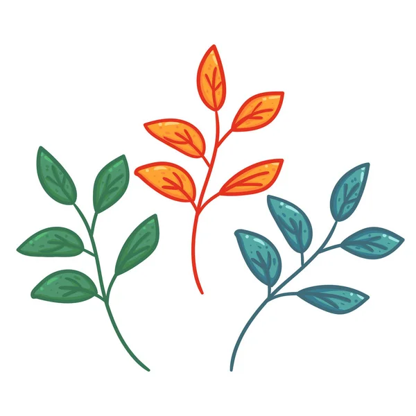 Набор листовой ветви рисунок руки рисунок зеленого оранжевого и синего цвета — стоковый вектор