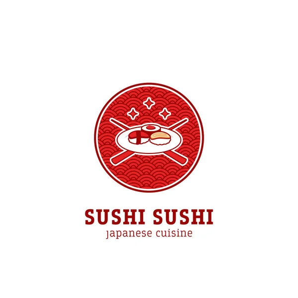 Cuisine asiatique Japon sushi logo sur plaque avec baguette croisée et asiatique rouge motif rond fond — Image vectorielle