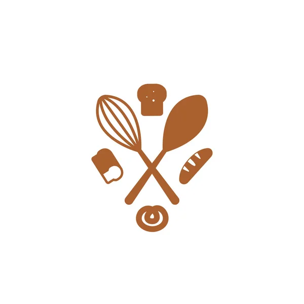 Símbolo del logotipo de la insignia de la panadería con revolver la cruz en el medio y elementos de pan — Archivo Imágenes Vectoriales