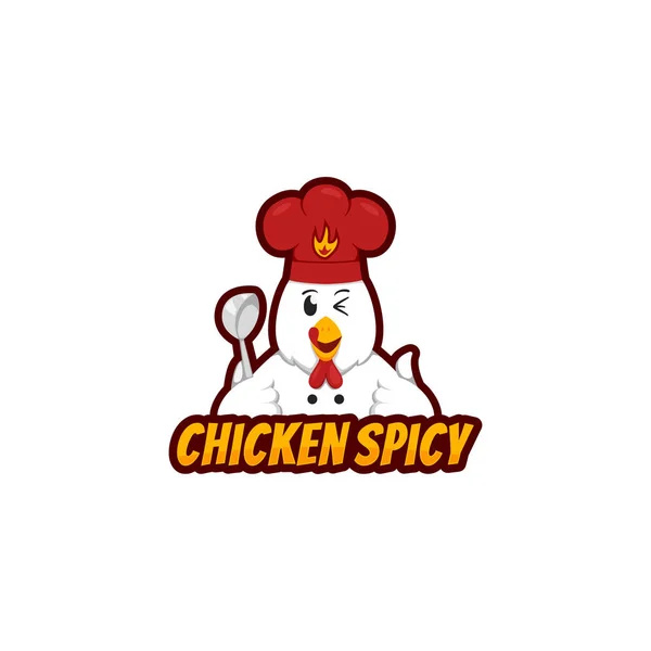 Maskot logo Chicken Spicy dengan karakter ayam lucu memegang sendok dan memakai topi koki dalam gaya kartun - Stok Vektor
