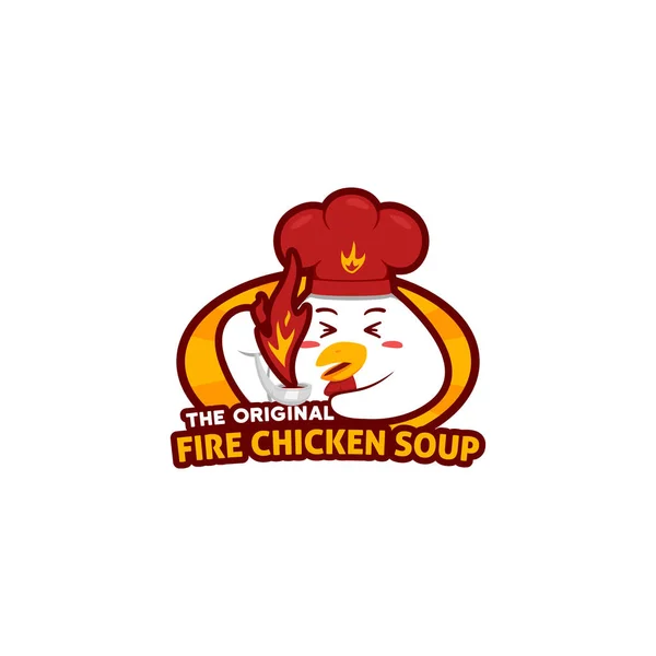 Chili logo sup ayam panas dengan ayam lucu chef memegang sendok dengan ilustrasi api sup - Stok Vektor