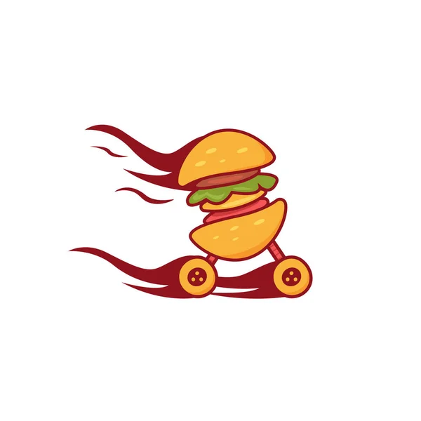 Vlam Wielen Road Racing Burger logo cartoon illustratie symbool grappig voedsel vector ontwerp — Stockvector