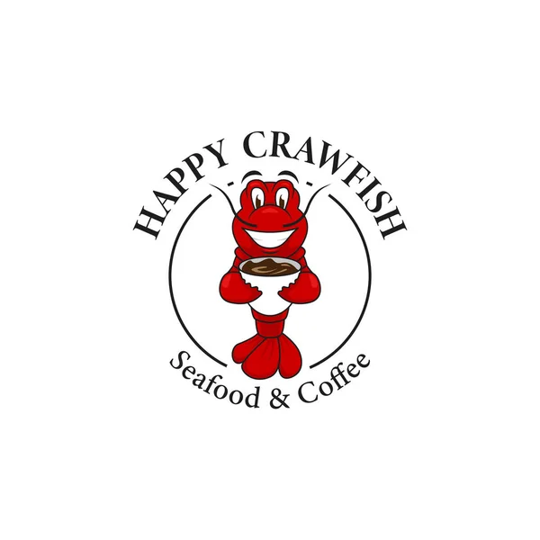 Joyeuse écrevisse avec logo café mascotte, écrevisse rouge homard illustration sourit tenir tasse, fruits de mer et café logo — Image vectorielle