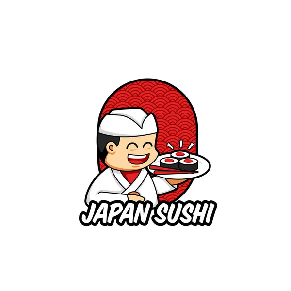 Geleneksel Japon şef karakterli Japon suşi maskotu. Bir tabak suşi getir. Geleneksel Asya arkaplan desenli, eşsiz ve şirin çizgi film logosu.