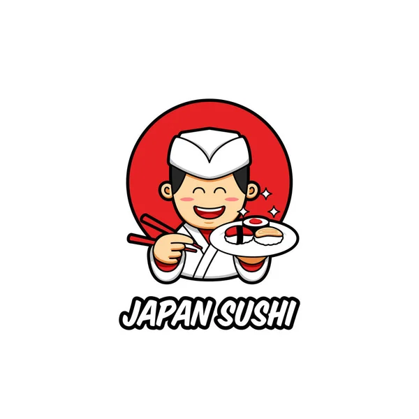 Japon şef maskot karakterli Japon suşi logosu geleneksel beyaz şef kıyafetleri giy tabakta suşi ve çizgi film tarzında çubuk getir.