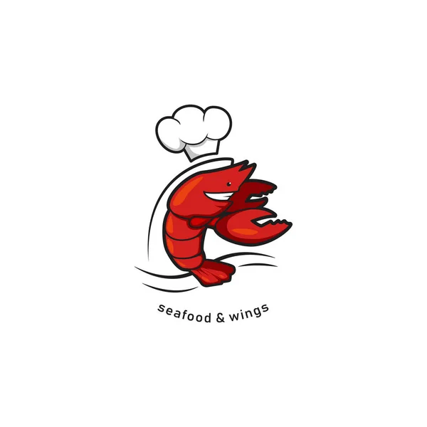 Homard écrevisse rouge avec chapeau de chef mascotte de caractère, fruits de mer et ailes restaurant bistro café logo illustration — Image vectorielle