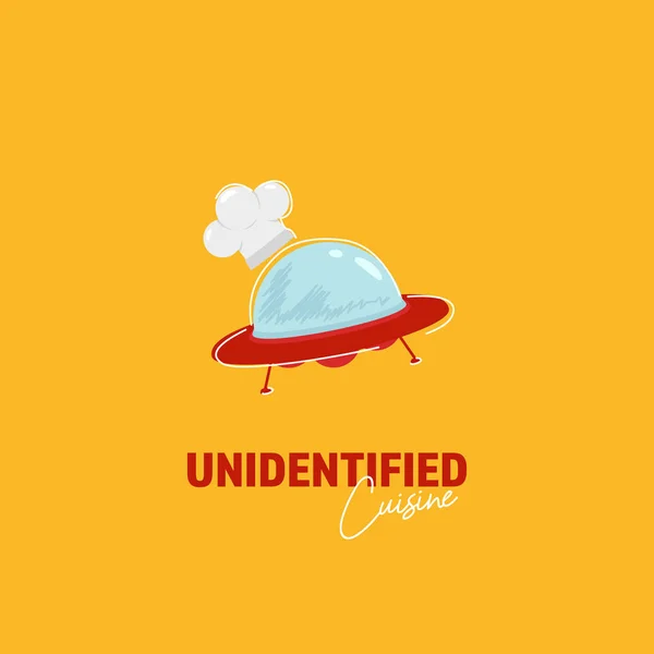 Logotipo de cozinha não identificada com ufo alienígena usar chapéu de chef voando em scrabble desenhos animados ícone de desenho animado símbolo de ilustração única — Vetor de Stock