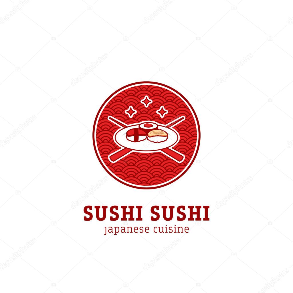 Asian cuisine japan sushi logo on plate with cross chopstick and asian red round pattern background