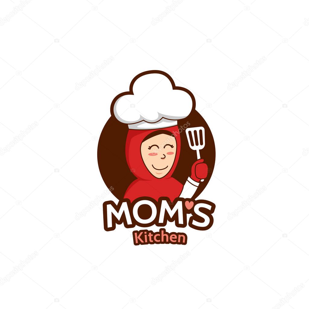 Mommy mom kitchen logo with female Muslim mother mascot character illustration holding spatula wears hijab
