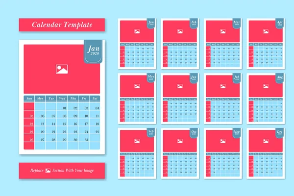 2020 kalender template ontwerp vector set in pastel leuke kleur stijl — Stockvector