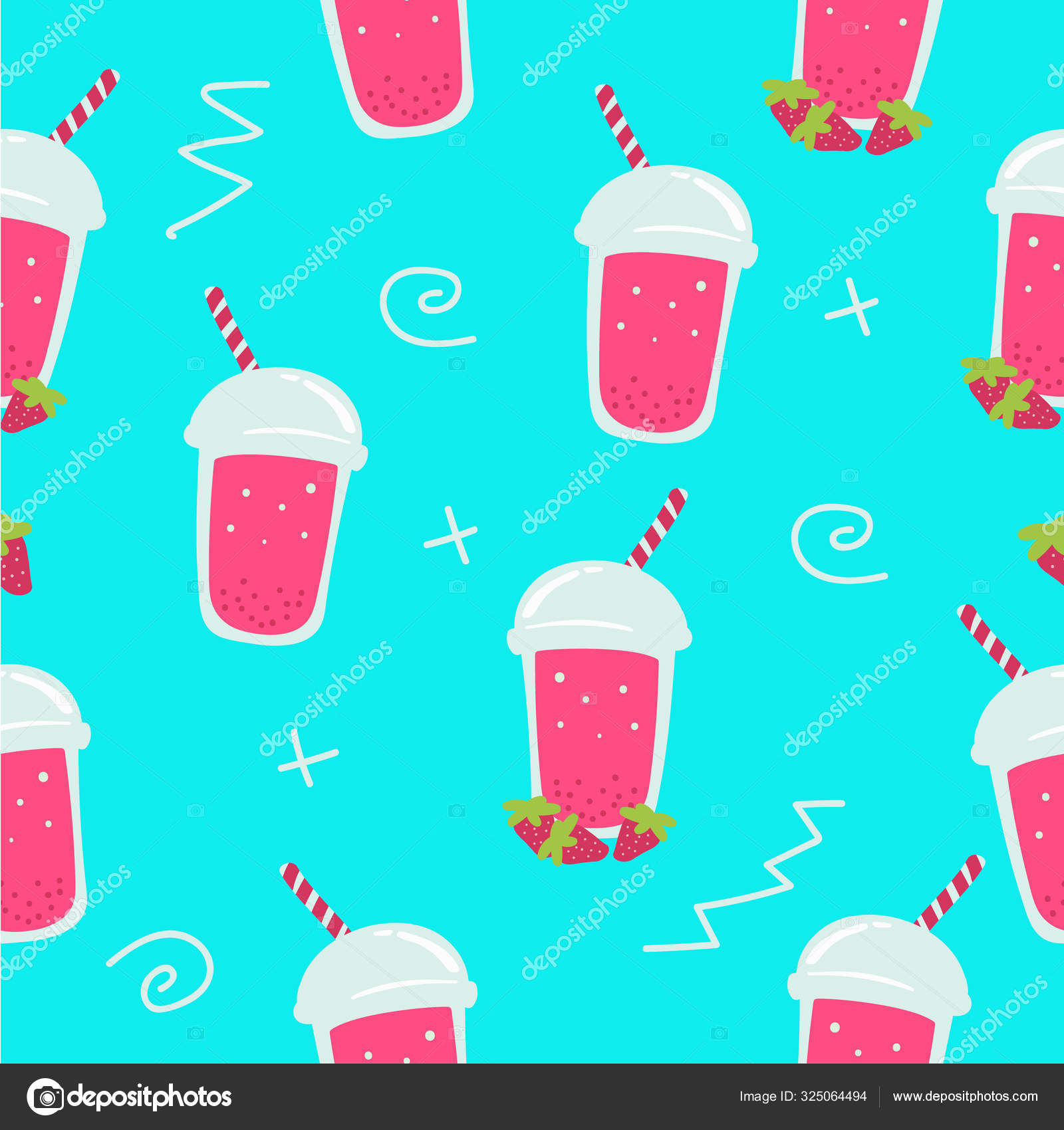 Strawberry bubble drink smoothie seamless pattern with memphis blue