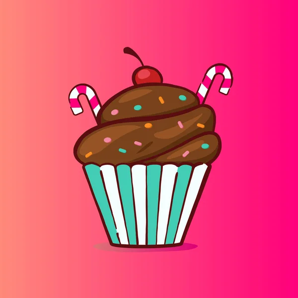 Süße Cupcake-Illustration im Schokoladengeschmack mit Bonbons und Streusel — Stockvektor
