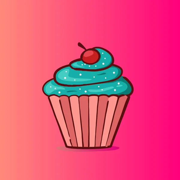 Süße Cupcake-Illustration in blauer Minze mit Kirsche und Streusel — Stockvektor