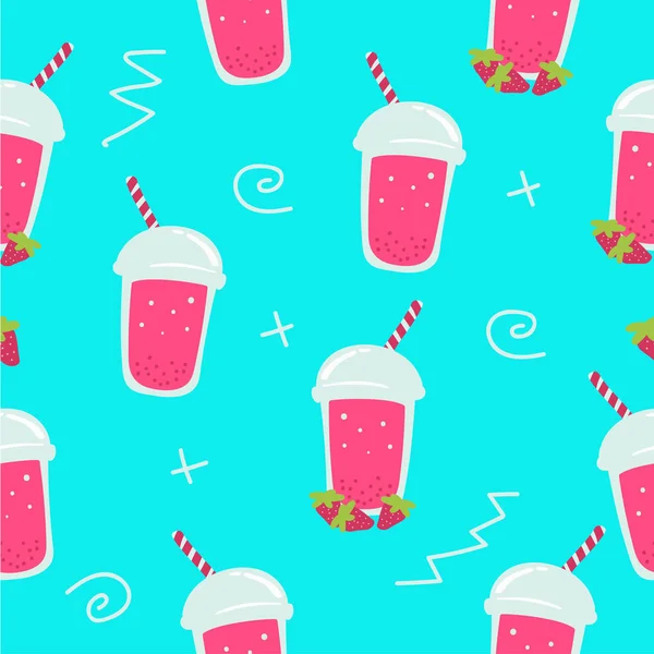 Bubble boisson aux fraises motif sans couture smoothie avec fond bleu memphis — Image vectorielle