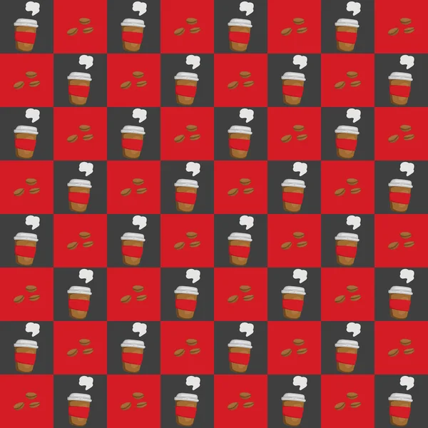 Rouge noir motif d'échecs café tasse grains — Image vectorielle
