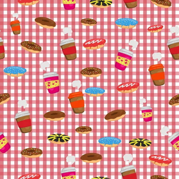 Kaffeetasse und Donuts oder Donuts auf rotem Tischtuch Hintergrund nahtlose Muster — Stockvektor
