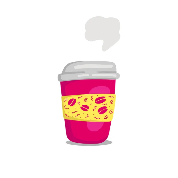 Rosa färg kaffe att gå kopp med memphis mönster på papper kopp jacka doodle målning stil vektor illustration — Stock vektor