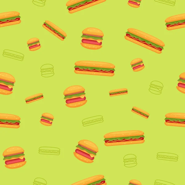 Hot dog burger élelmiszer zökkenőmentes minta zöld háttér illusztráció háttér vagy banner — Stock Vector