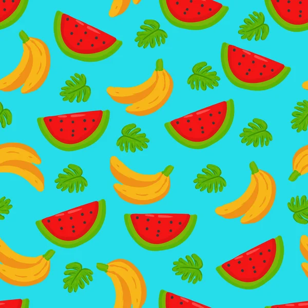 Sommar frukt banan vattenmelon sömlös mönster klotter hand ritning — Stock vektor