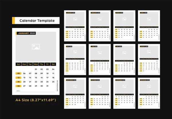 Modelo de design de calendário 2020 com espaço de moldura de imagem cor amarela e preta em tamanho A4 8,27 x 11,69 polegadas —  Vetores de Stock