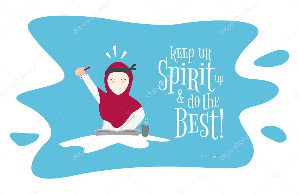 Keep spirit and do the best hijab muslim girl doing her task work in front of task writing book greeting concept