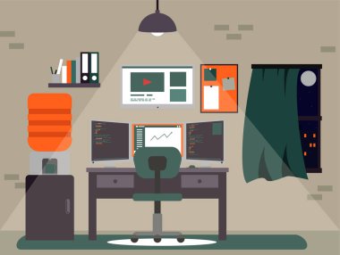 Gece yarısı çoklu monitörlü programcı ya da blogger çalışma alanı ve şehir manzaralı pencere