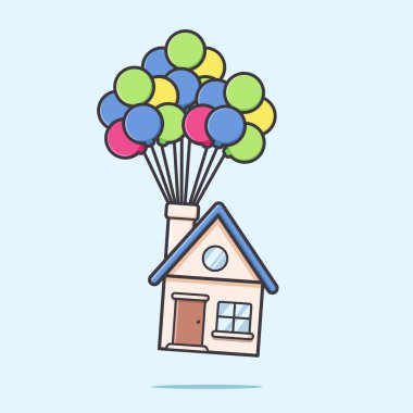 Moving house by flying with balloon cartoon vector illustration in flat rounded style