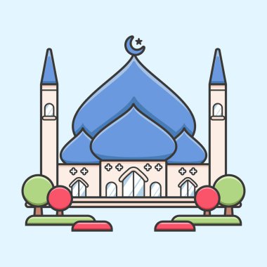 Big central mosque with blue dome and garden simple flat cute illustration for Ramadan
