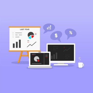 Computer laptop whiteboard presentation of statistic analytic analyst accountant and manager illustration object set